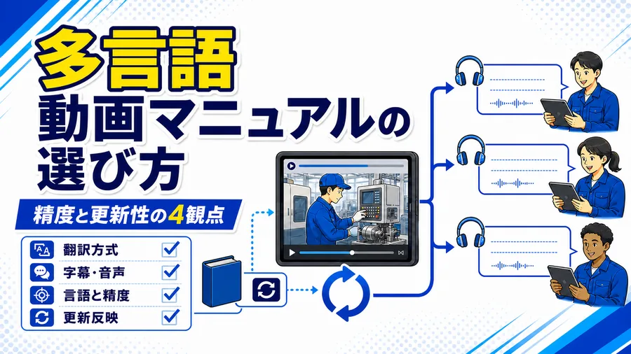 翻訳方式・字幕とナレーション・対応言語と精度・更新の手間という4つの比較ポイントを並べた図解