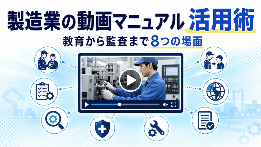製造業での動画マニュアル活用シーン8つをアイコンで並べた図解