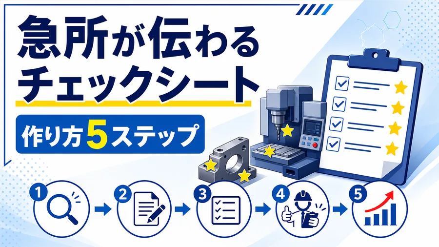 品質・安全の急所を星印で示したチェック表のイラストと「急所が伝わるチェックシート」「作り方5ステップ」のコピーを示したサムネイル