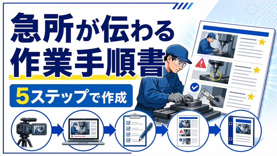 作業の急所を手順書へ記録するイラストと「急所が伝わる作業手順書」「5ステップで作成」のコピーを示したサムネイル
